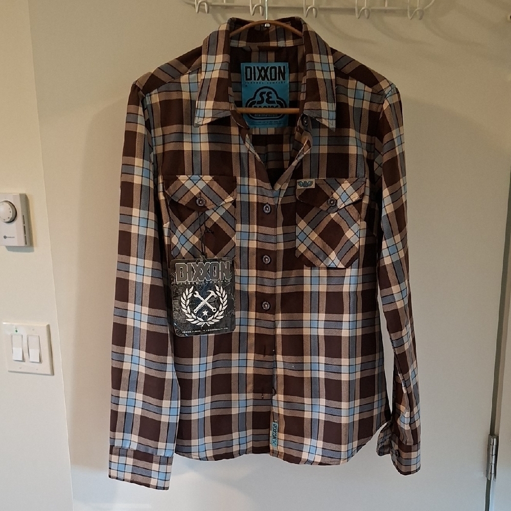 NWT DIXXON Women's Chocolate Brown & Baby Blue Classic Flannel (Size M)